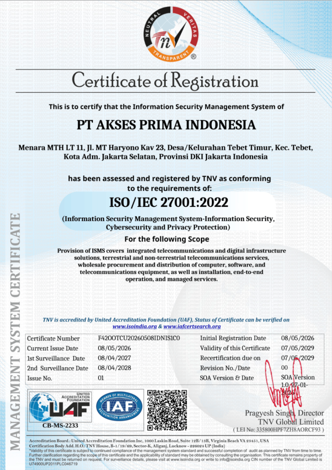 ISO/IEC 27001:2022 certificate